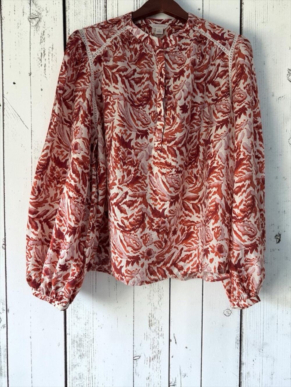 Caslon Women's Floral Lace Trim Button Front Balloon Sleeve Blouse XXL Earthy